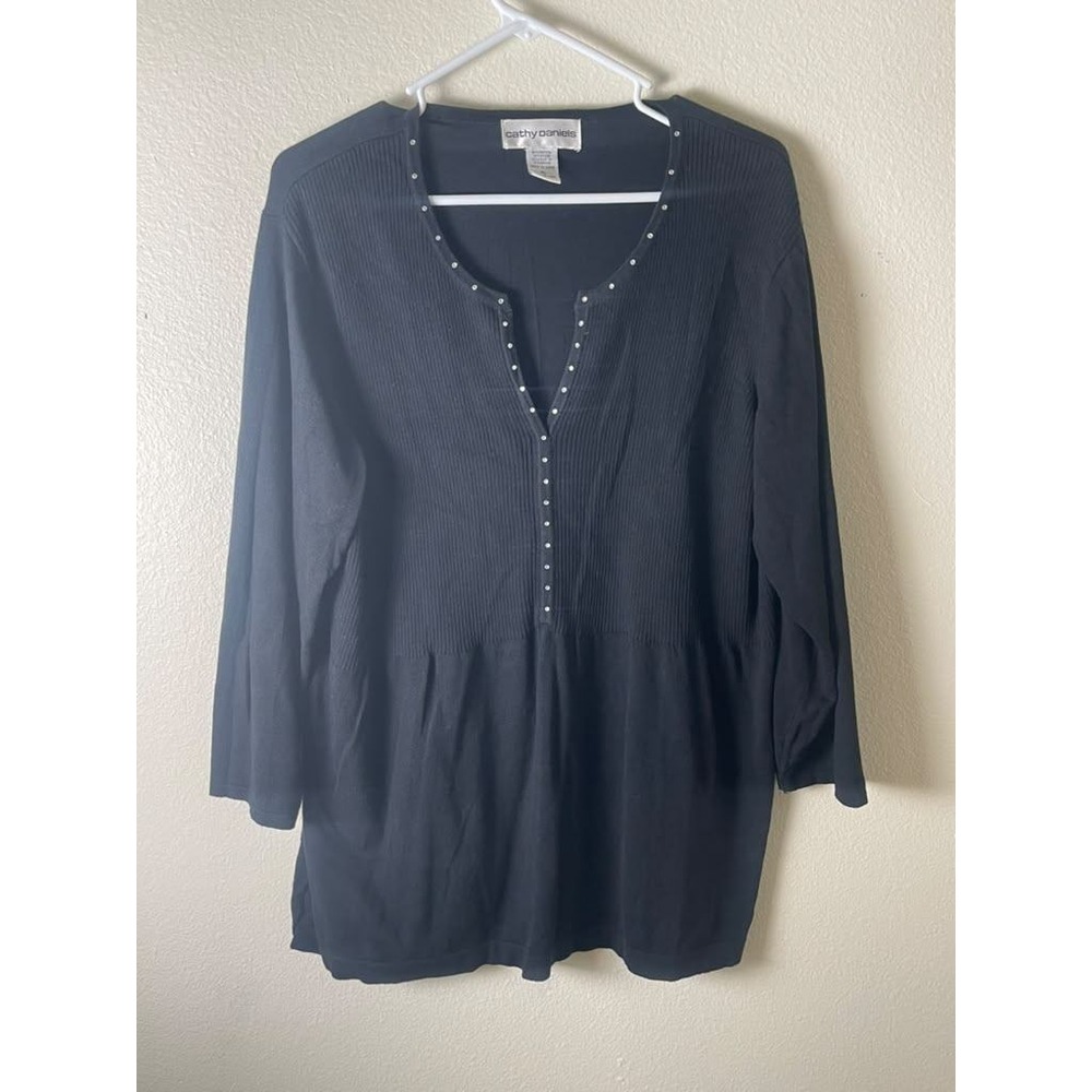 Cathy Daniels Womens XL Black Rhinestone Henley Ribbed Babydoll Top 3/4 Sleeve